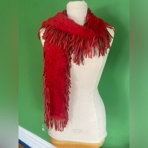 Mitchie's red rabbit fur with leather fringe scarf wrap